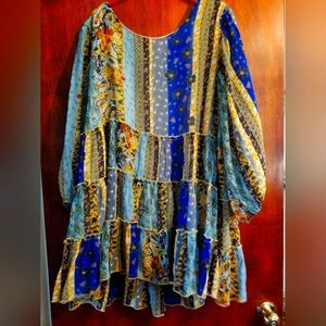 Paisley Vine Boutique Flowy Boho Top Blouse - Blue & Yellow - Women's Plus 2/3X